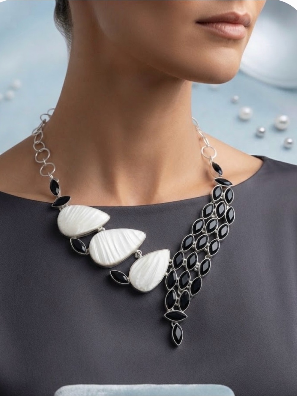 Black Onyx and Mother of Pearl Statement Necklace - NWOT